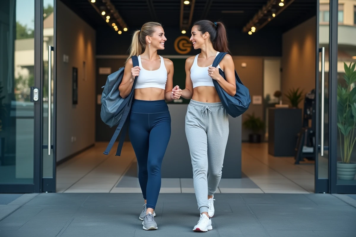 Deux femmes en tenue de sport entrant ensemble dans une salle Basic Fit avec leur abonnement duo, illustrant le concept d'accès partagé