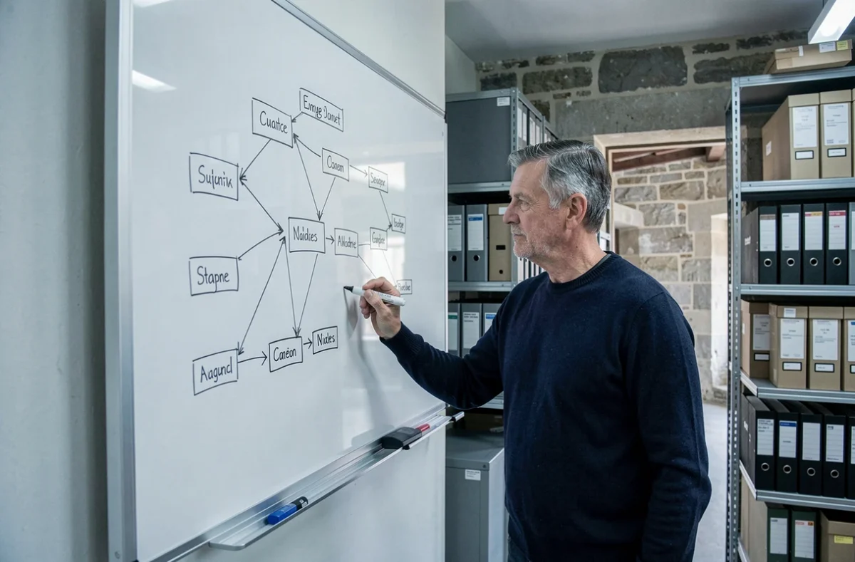 Homme dessinant une architecture de site patrimonial sur un tableau en verre dans une salle d'archives