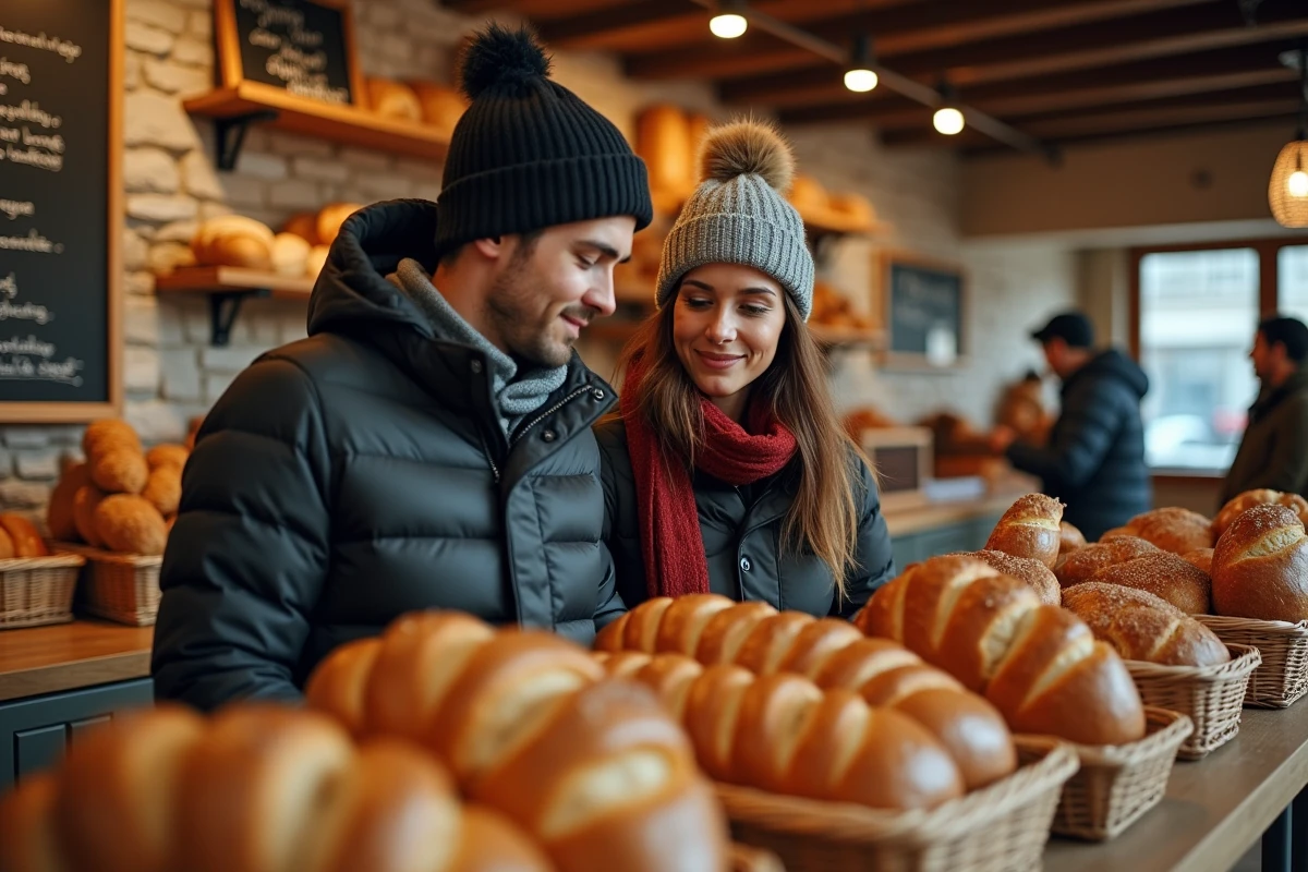 Couple faisant leurs courses dans une boulangerie ouverte le 25 décembre matin