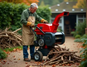 Homme utilisant un broyeur de végétaux électrique 3000W pour broyer des branches dans un jardin en automne