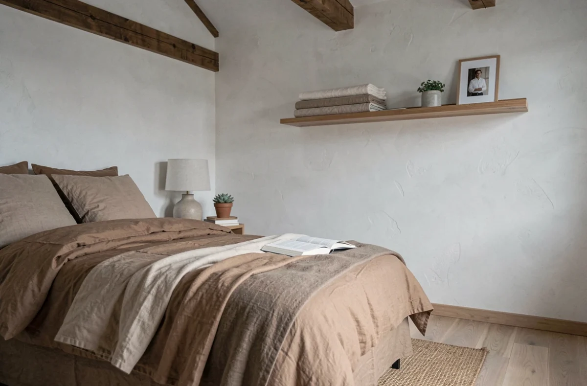 Coin chambre cosy et bien décoré avec literie en coton, table de chevet minimaliste et étagère murale en bois