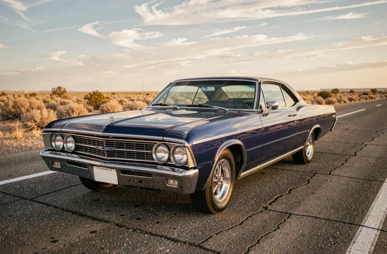 Chevrolet Impala 1967 bleue nuit garée sur une route désertique américaine, vue trois-quarts avant en grand angle