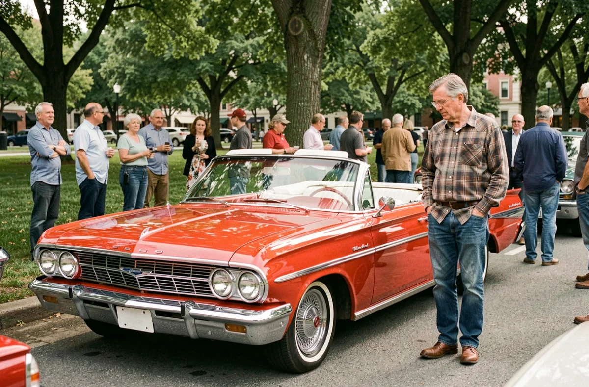 Chevrolet Impala cabriolet 1961 rouge exposée lors d'un salon de voitures anciennes en plein air, entourée d'amateurs passionnés