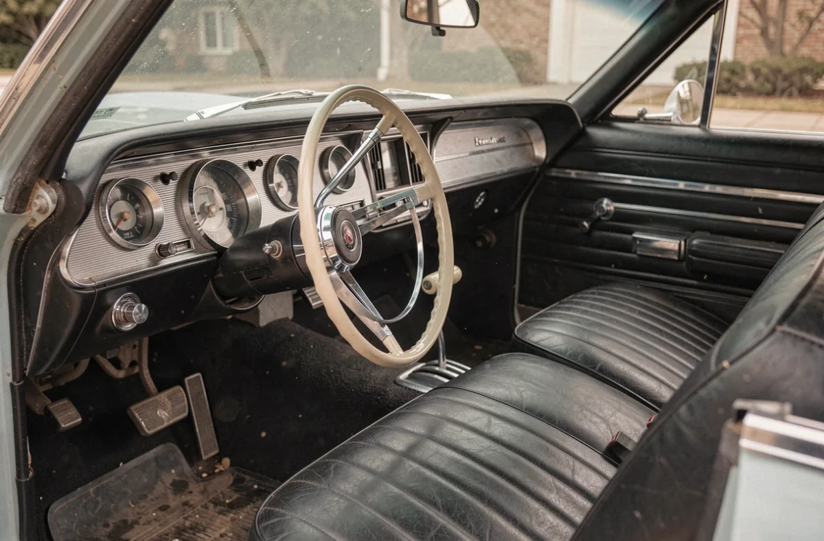 Intérieur vintage restauré d'une Chevrolet Impala 1964, tableau de bord chromé et siège en vinyle noir