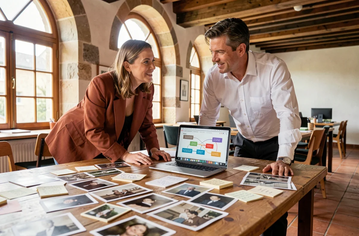 Deux professionnels collaborant sur la planification d'un site web patrimonial dans un espace de travail rénové