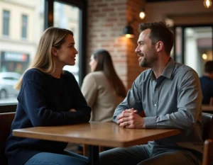 Deux collègues engagés dans une conversation attentive et bienveillante dans un café urbain