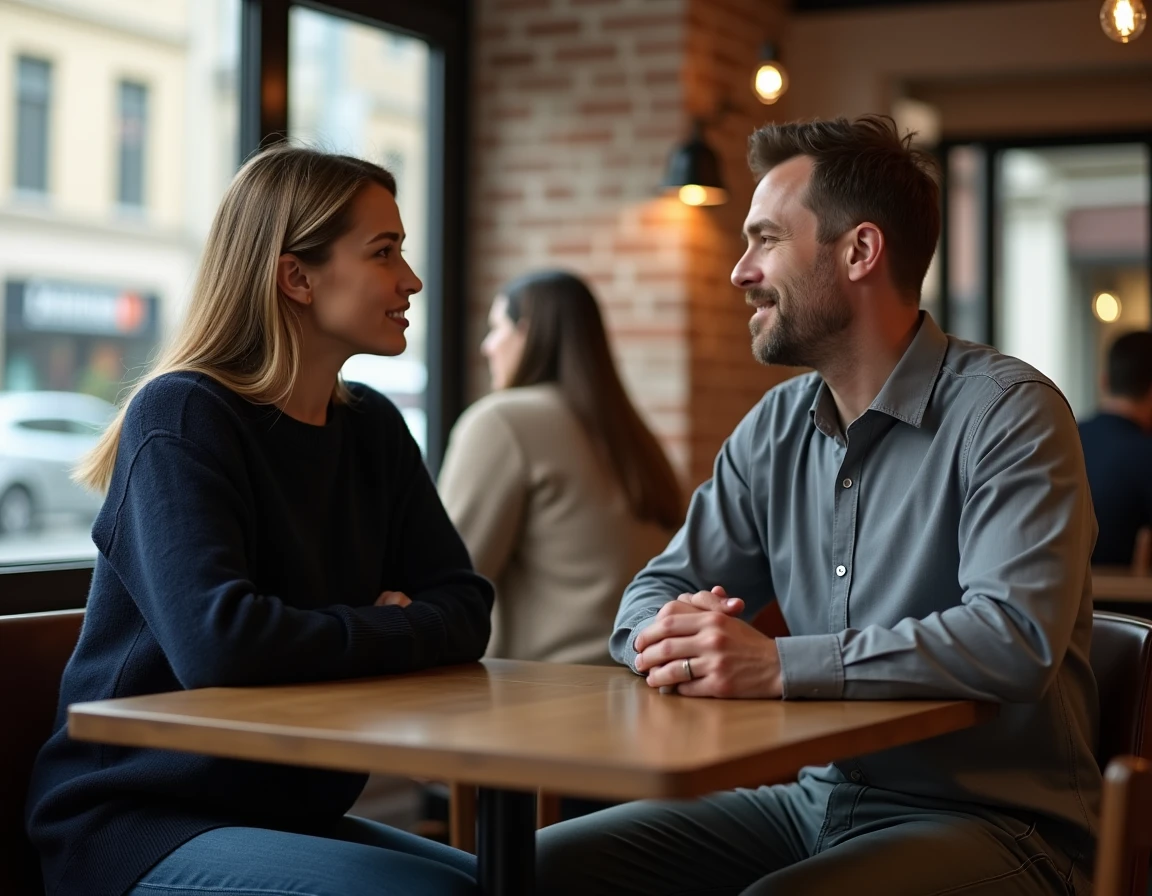 Deux collègues engagés dans une conversation attentive et bienveillante dans un café urbain
