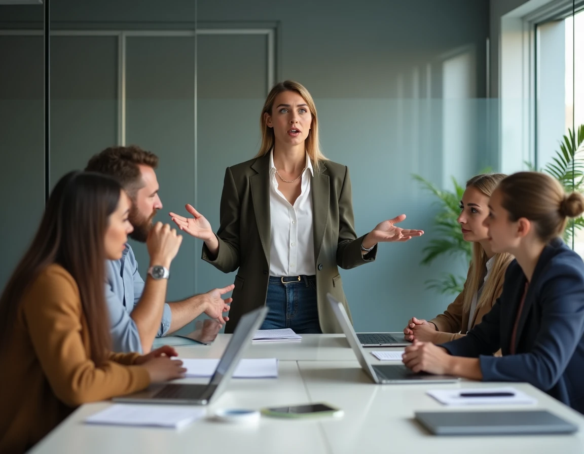 Groupe de professionnels en réunion pratiquant une communication ouverte et collaborative en bureau moderne