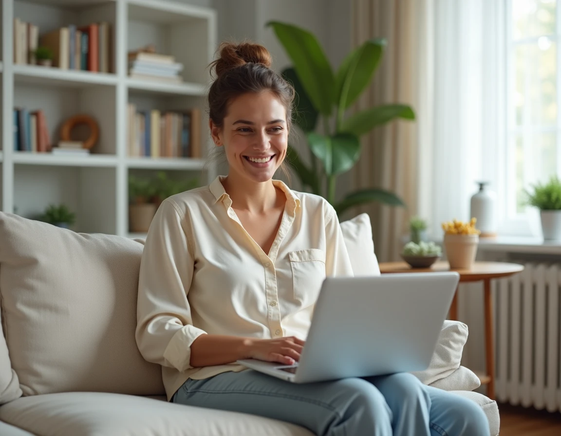 Femme souriante en communication par vidéo sur ordinateur portable dans un salon chaleureux à domicile