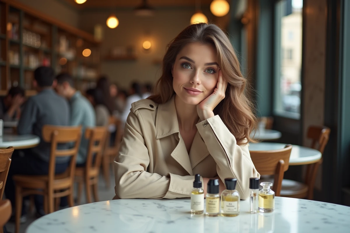 Jeune femme comparant des flacons de dupes de parfum Lidl dans un café parisien