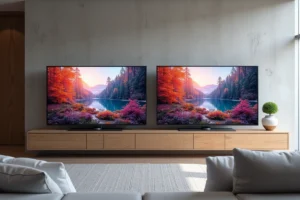 Deux téléviseurs ULED et QLED côte à côte dans un salon moderne pour comparer leur rendu d'image