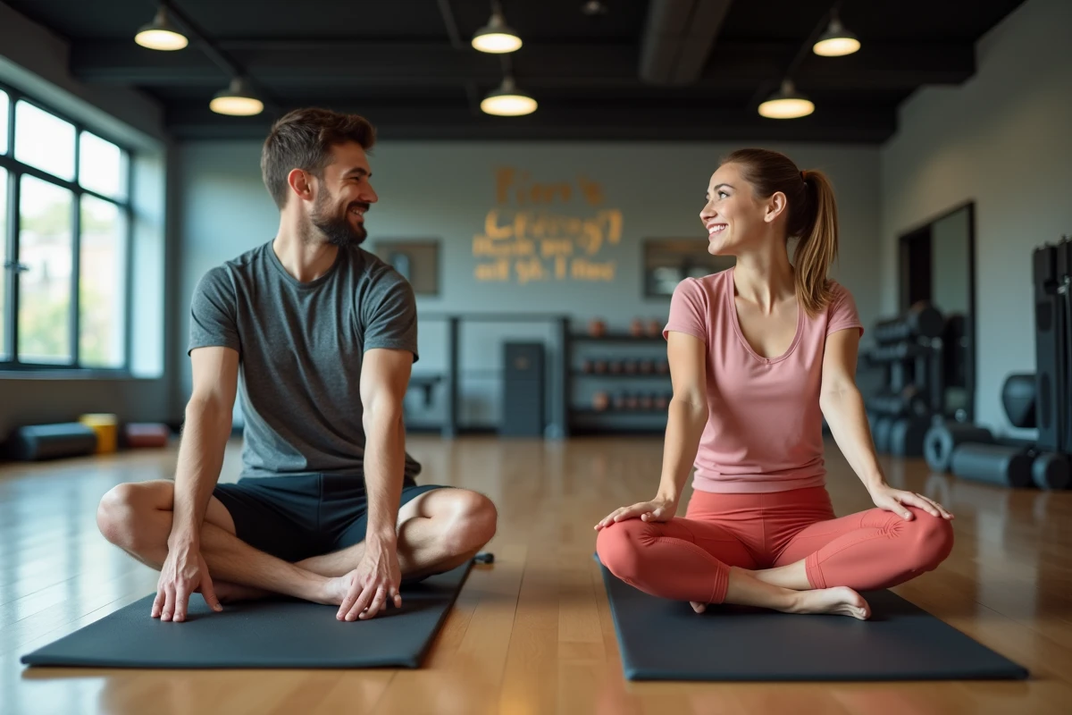 Un couple s'étirant ensemble sur des tapis de yoga dans une salle de sport, représentant l'utilisation de l'abonnement duo Basic Fit en pratique réelle