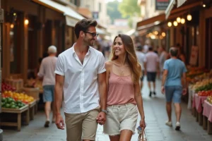 Jeune couple souriant dans le bazar historique de Kemeraltı