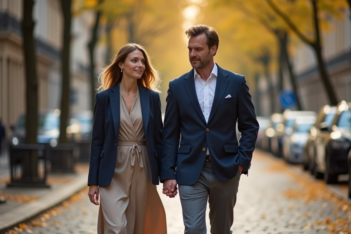 Couple élégant se promenant sur un boulevard parisien en automne, homme grand en blazer marine et femme en robe midi chic