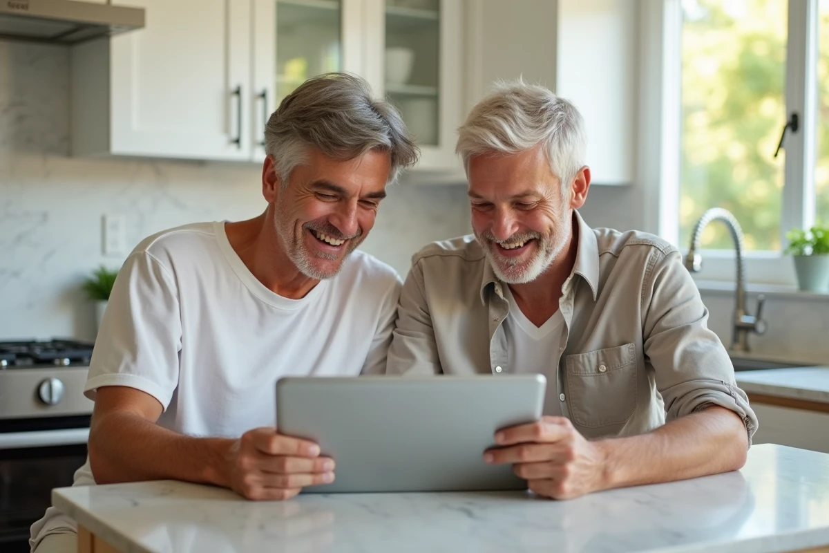Couple d'investisseurs débutants consultant un guide de placement boursier et une application de courtage à domicile