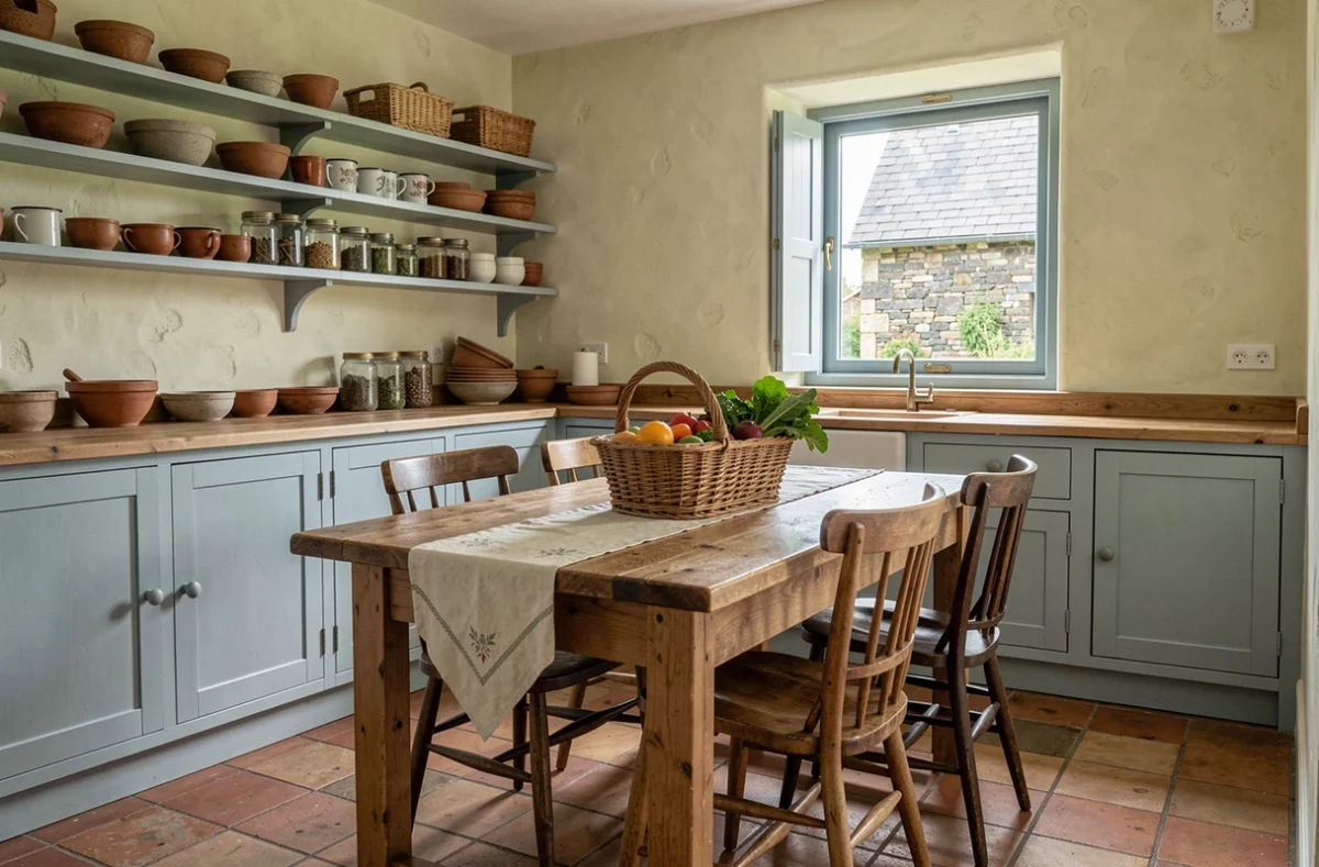 Cuisine bretonne traditionnelle avec buffet bleu pâle, carrelage en terre cuite et table en chêne massif dans une maison de caractère