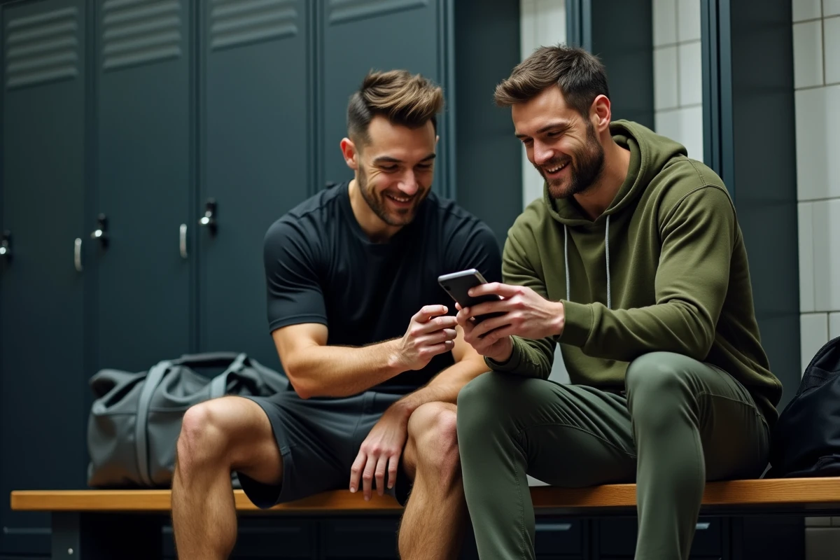 Deux hommes consultant leur abonnement duo Basic Fit sur smartphone dans les vestiaires d'une salle de fitness, témoignage authentique d'utilisateurs
