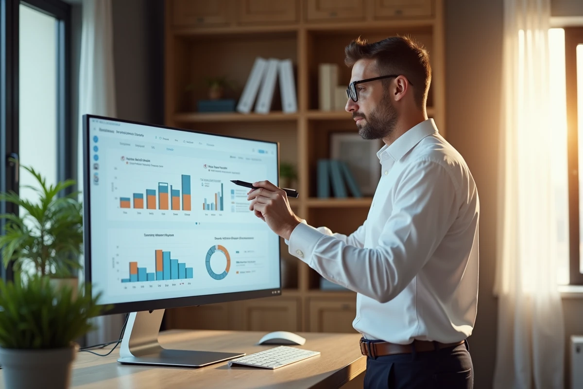 Entrepreneur annotant une stratégie de croissance d'entreprise sur un écran tactile dans un bureau à domicile