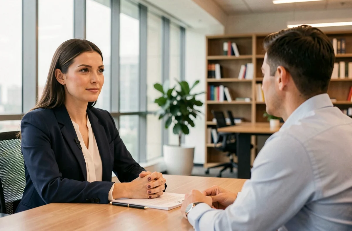 Femme en entretien d'embauche dans un bureau moderne face à un recruteur, stratégie de recrutement réussie