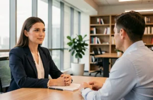 Femme en entretien d'embauche dans un bureau moderne face à un recruteur, stratégie de recrutement réussie