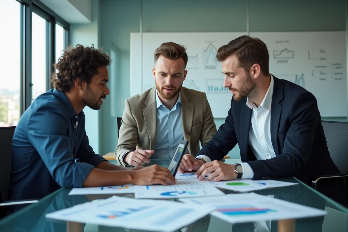 Équipe professionnelle collaborant sur des solutions de développement commercial en salle de réunion