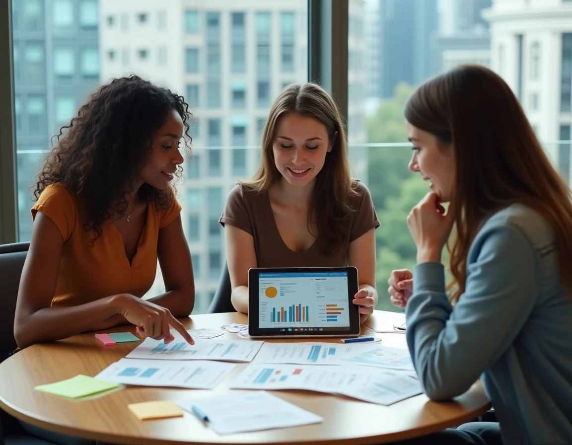 Équipe collaborant sur le choix de types de questionnaires autour d'une table de réunion