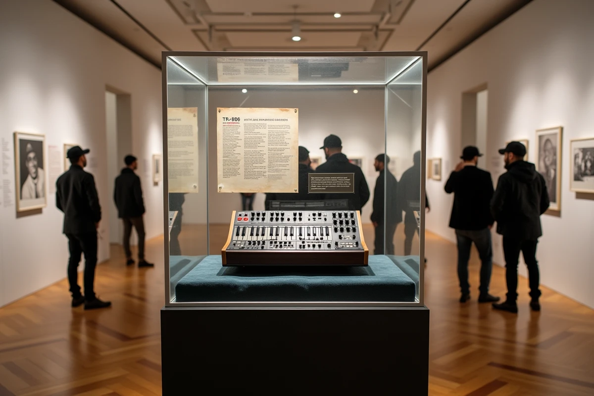 Vitrine d'exposition muséale présentant un Roland TR-808 et l'histoire culturelle de la boîte à rythmes dans le hip-hop
