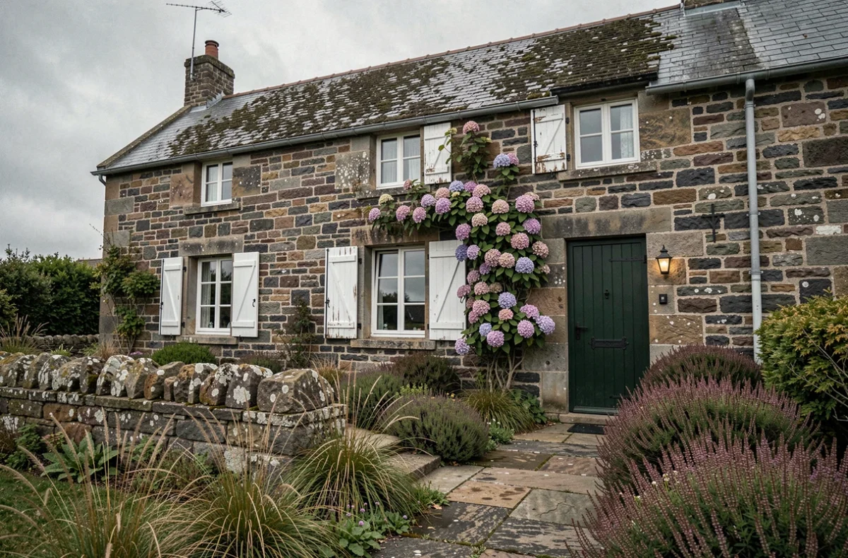 Façade d'une maison bretonne en granite avec jardin côtier sauvage, volets blancs et toit en ardoise sous un ciel nuageux typique de Bretagne