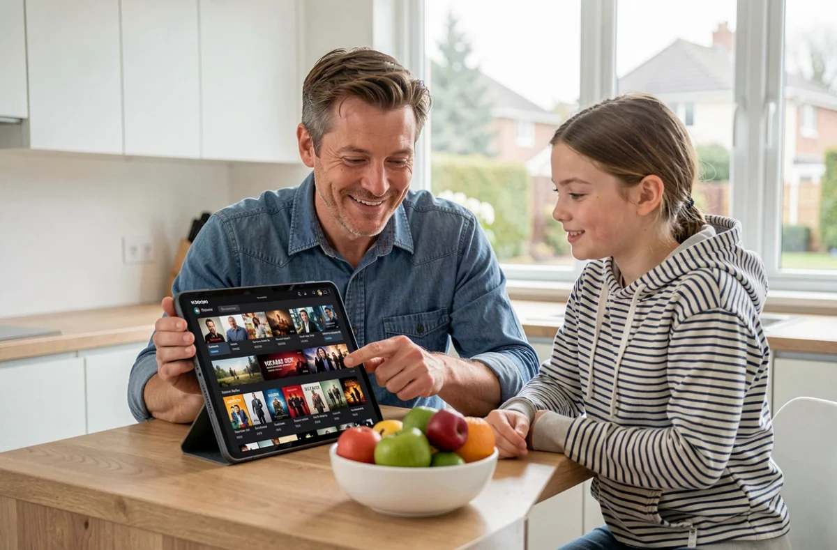 Père et adolescente qui choisissent ensemble un programme via un abonnement TV sur tablette dans une cuisine moderne