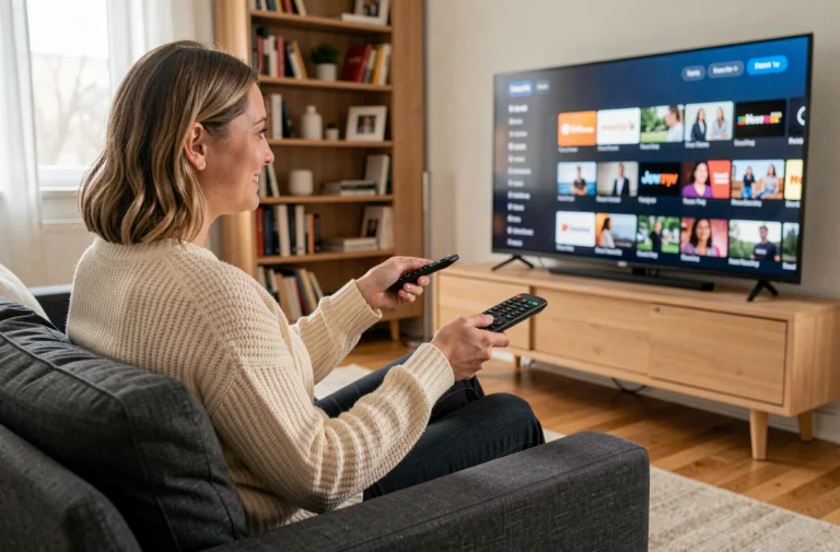 Femme qui parcourt son abonnement TV depuis son canapé dans un salon moderne et chaleureux