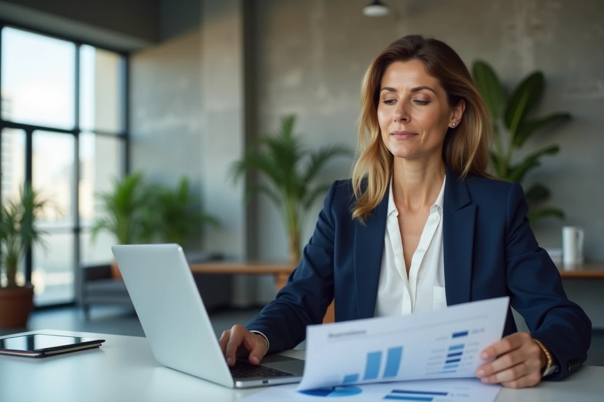 Femme d'affaires analysant un plan stratégique d'entreprise dans un bureau moderne