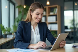 Femme en blazer bleu analyse des graphiques en bureau