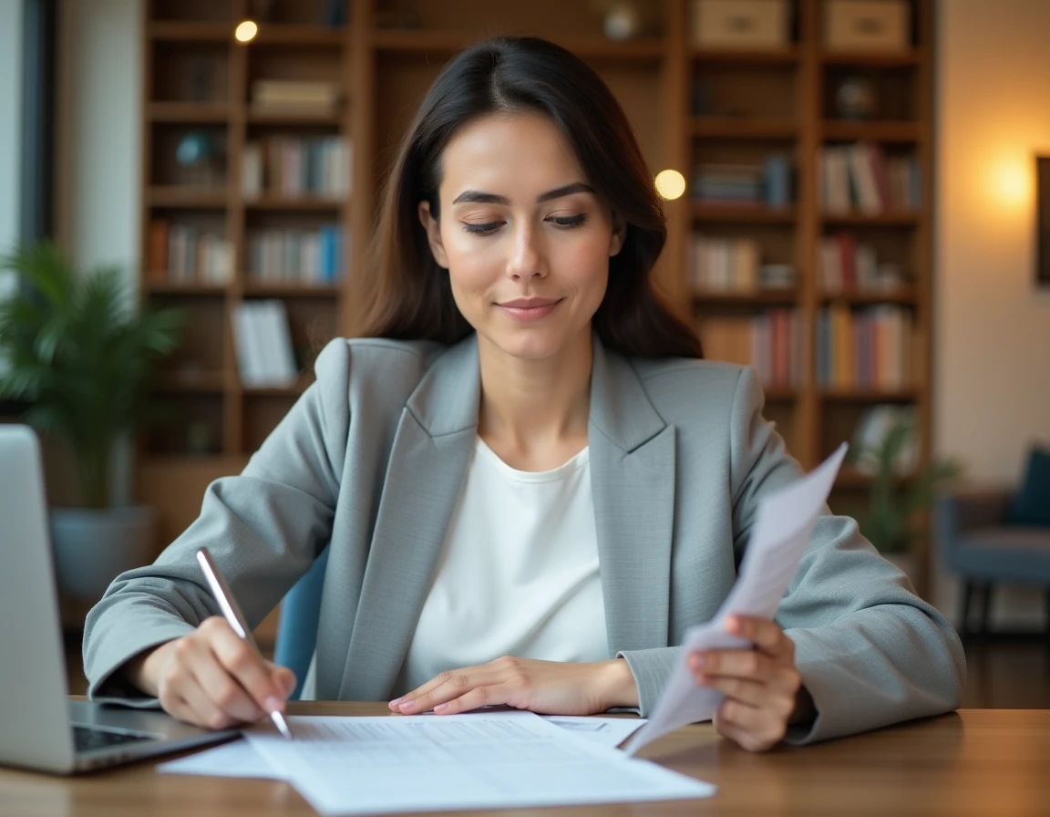 Femme analysant un questionnaire imprimé dans un bureau moderne, illustrant le choix du type d'enquête