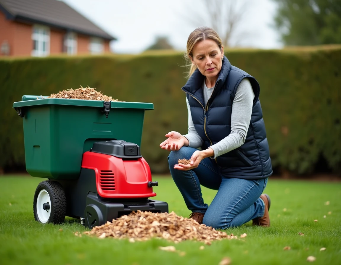 Femme inspectant le broyat produit par un broyeur de végétaux 3000W dans un jardin résidentiel soigné