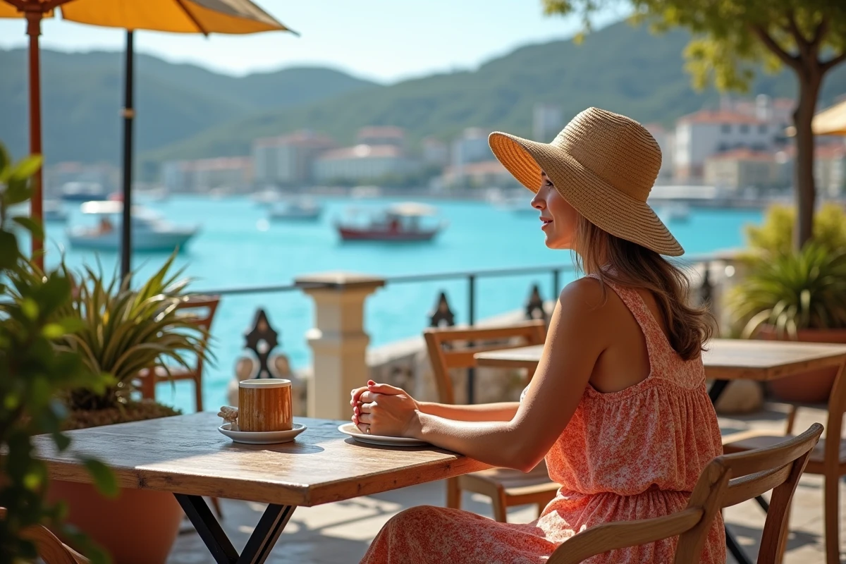 Femme assise au café face au port d
