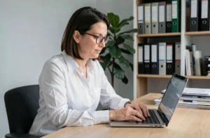 Femme professionnelle consultant les mentions légales d'un site web sur son ordinateur portable dans un bureau moderne