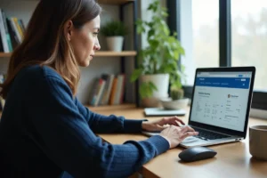Femme consultant l'historique des transactions PayPal sur un ordinateur portable dans un bureau à domicile