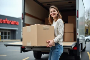 Femme souriante déchargeant un meuble dans un parking Conforama