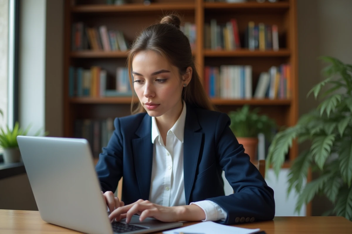 Jeune femme débutante en bourse analysant des graphiques boursiers sur un ordinateur portable dans un bureau à domicile
