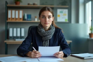 Femme en bureau administratif examine un document officiel