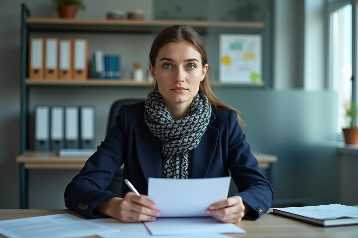 Femme en bureau administratif examine un document officiel