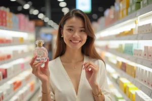 Femme souriante tenant un flacon de dupe parfum Lidl en rayon de supermarché