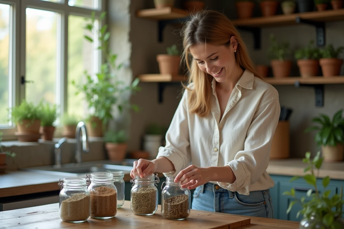 Femme souriante triant des herbes médicinales dans la cuisine