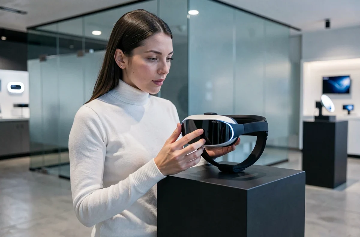 Femme interagissant avec un casque de réalité augmentée dans un showroom technologique moderne