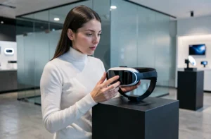 Femme interagissant avec un casque de réalité augmentée dans un showroom technologique moderne