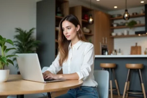 Jeune femme cherchant des annonces immobilières sur son ordinateur
