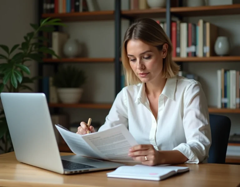 Femme consultant des sources d'information médicales fiables à son bureau à domicile