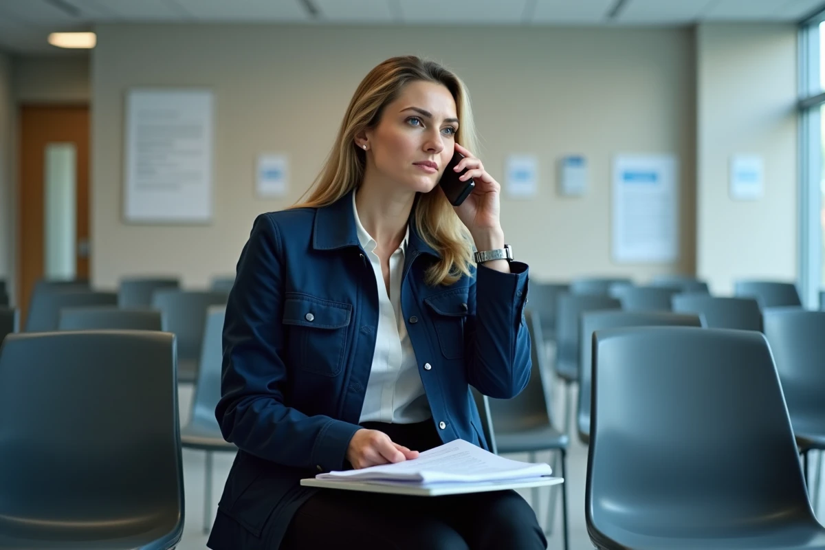 Femme téléphonant dans une salle d'attente administrative pour obtenir un recours suite au refus de prolongation d'arrêt de travail
