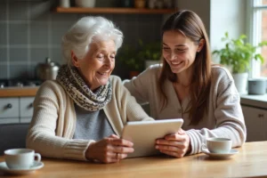 Femme senior et jeune femme discutant avec tablette dans la cuisine