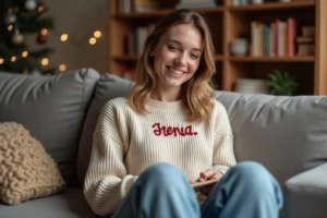 Jeune femme souriante avec un pull brode personnalisé